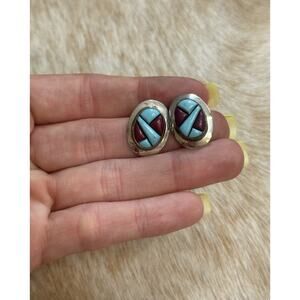 Native American Sterling Silver Turquoise Multistone Cobblestone Stud Earrings